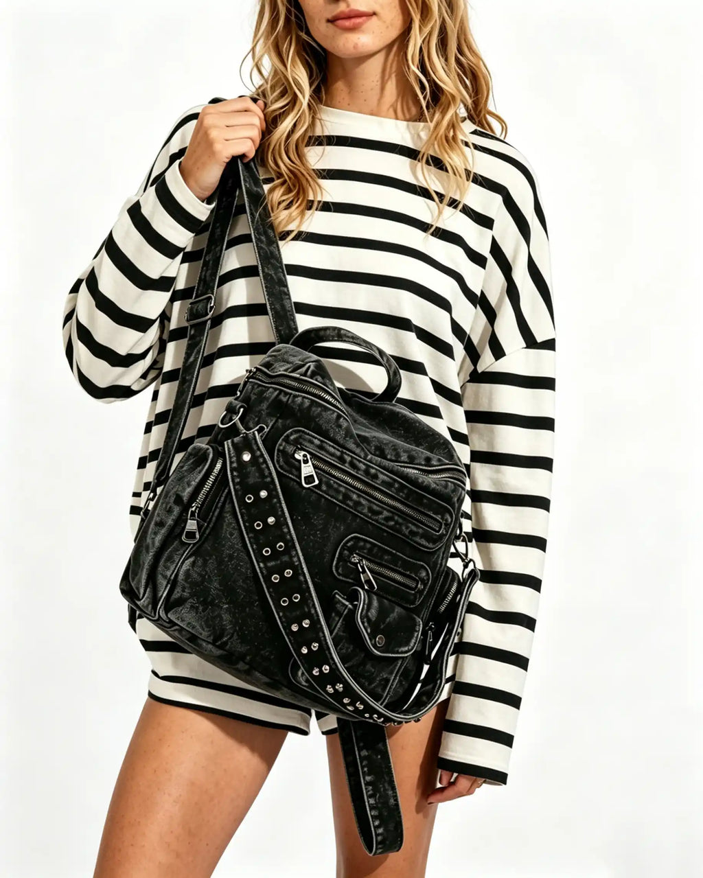 Wholesale Black Denim Multi-pocket Backpack SP136