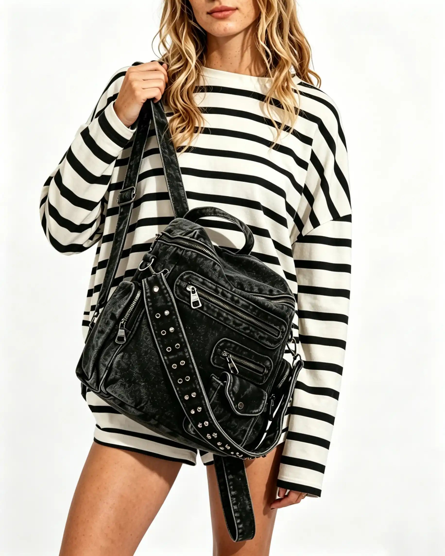 Wholesale Black Denim Multi-pocket Backpack SP136