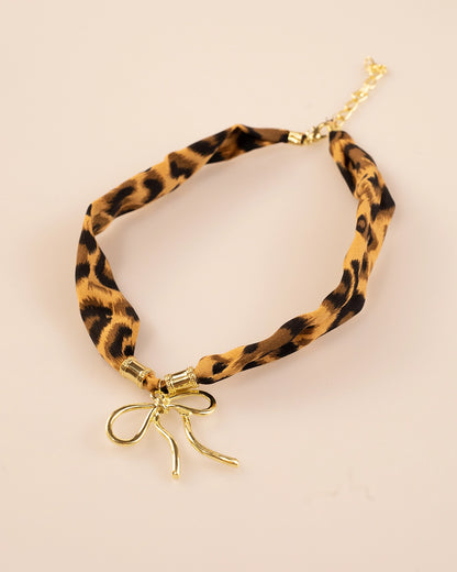 green stone leopard pink bow silk scarf necklace SP008