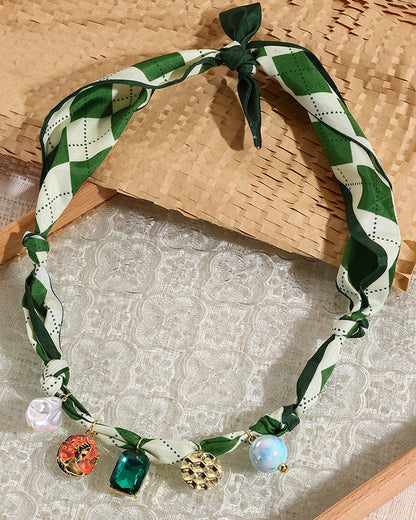 green stone leopard pink bow silk scarf necklace SP008