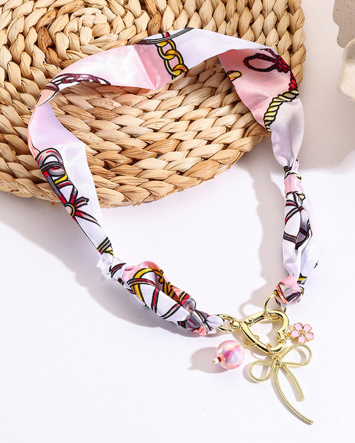green stone leopard pink bow silk scarf necklace SP008