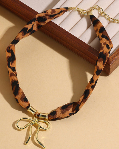 green stone leopard pink bow silk scarf necklace SP008