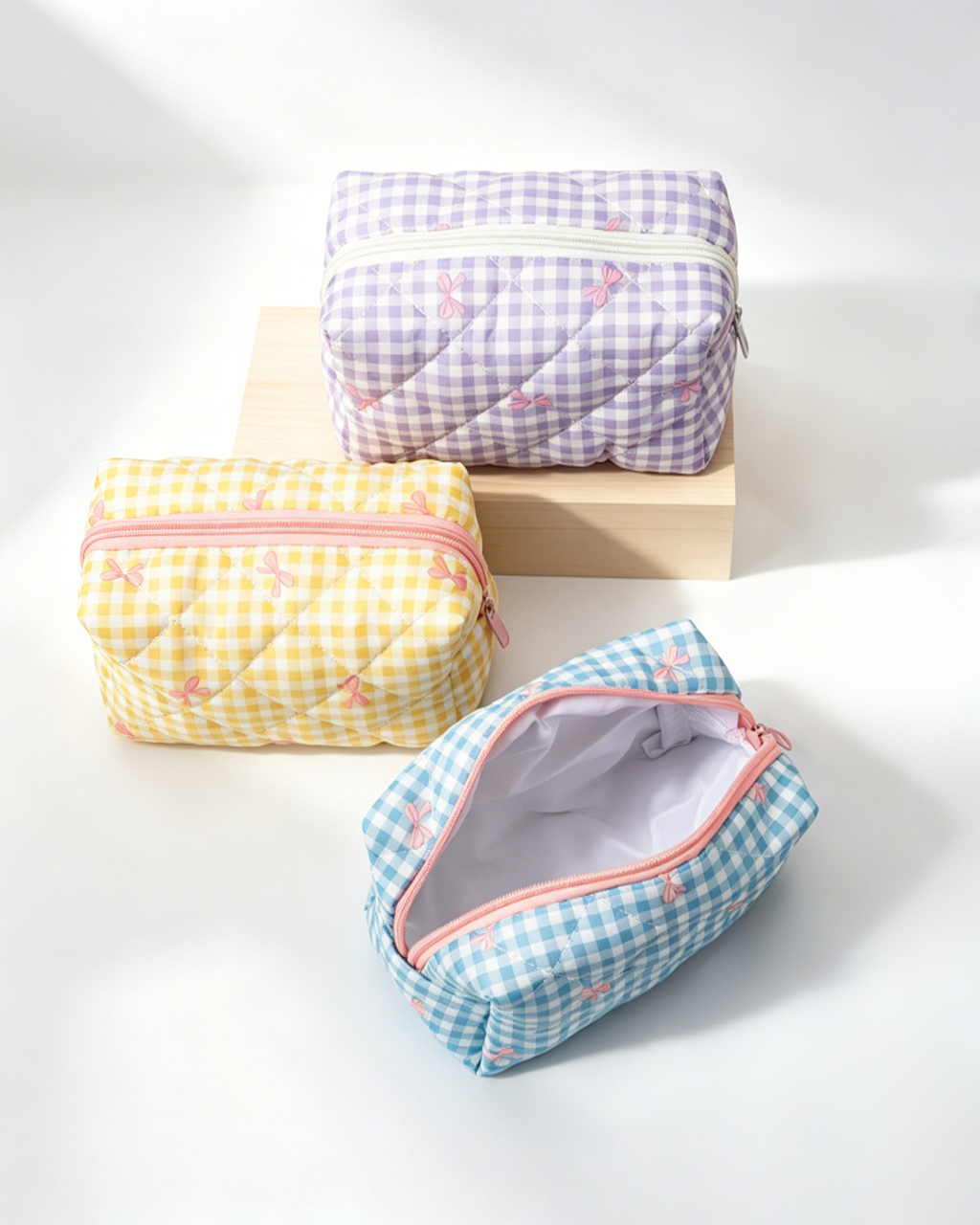 Wholesale Yellow Gingham Bow Quilted Bag Travel Preppy Gift SP053