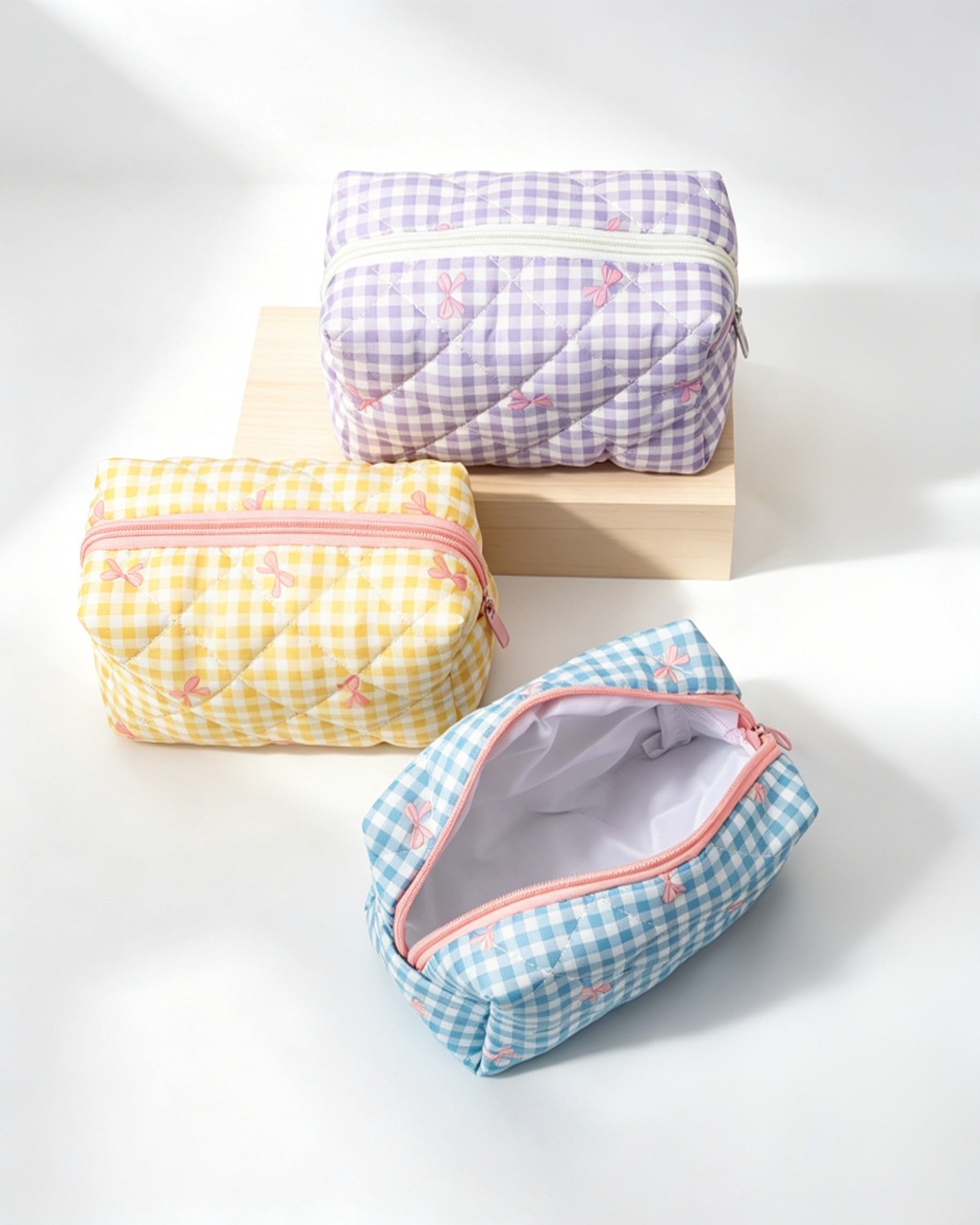 Bulk Purple Gingham Bow Makeup Pouch Travel Coquette Accessory SP054