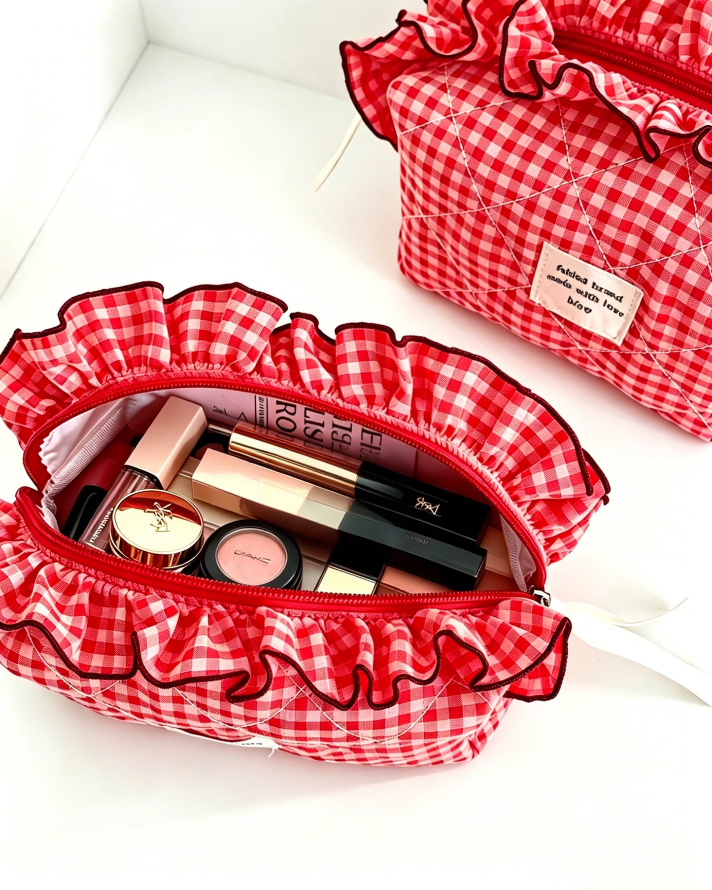 Wholesale Red Gingham Ruffle Makeup Bag Travel Preppy Gift SP051