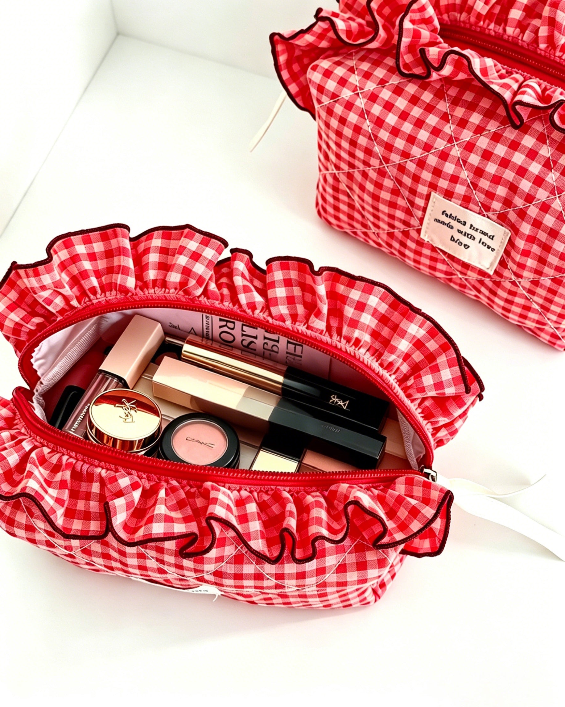 Wholesale Red Gingham Ruffle Makeup Bag Travel Preppy Gift SP051