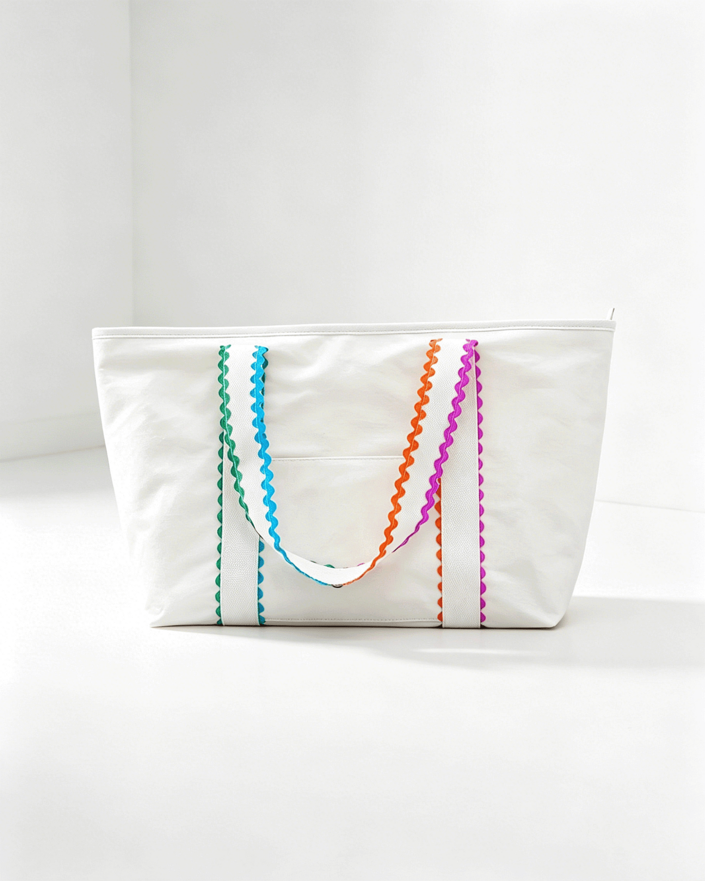 White Colorful Ricrac Detail Canvas Tote Bag SP019