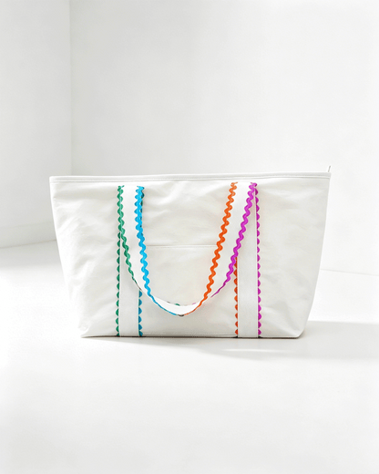 White Colorful Ricrac Detail Canvas Tote Bag SP019