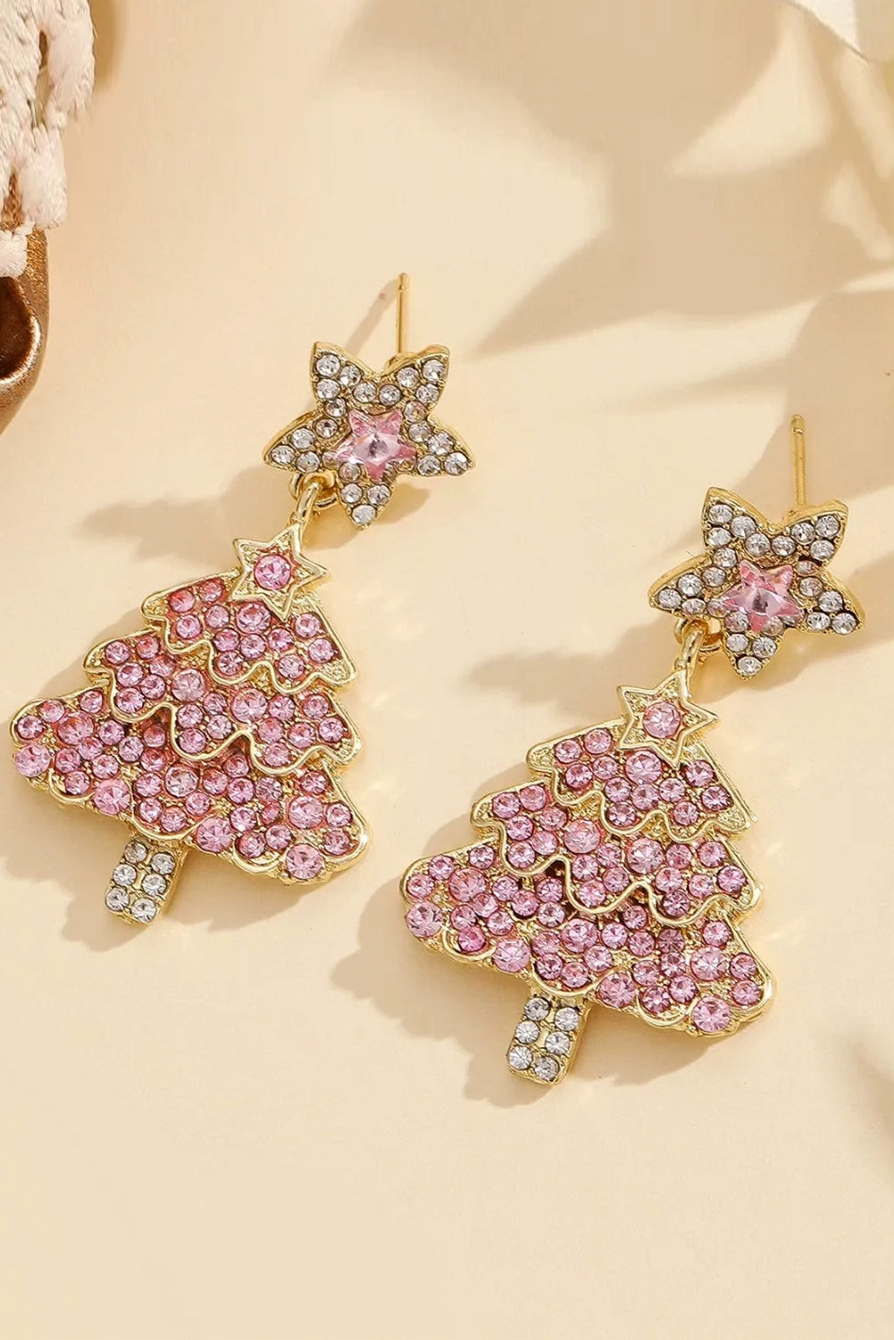 Wholesale Pink Christmas Tree Earrings: Rhinestone Holiday Dangle Jewelry