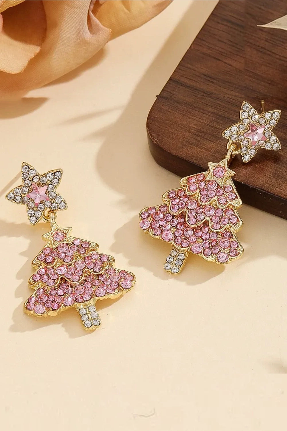 Wholesale Pink Christmas Tree Earrings: Rhinestone Holiday Dangle Jewelry