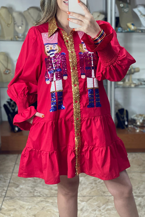 Wholesale  5 colors Christmas Sequin Nutcracker Collared Shirt Ruffled Long Sleeve Mini Dress WL009