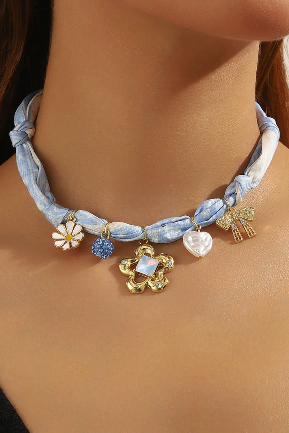 Wholesale Flower dopamine color bow silk scarf necklace SP007