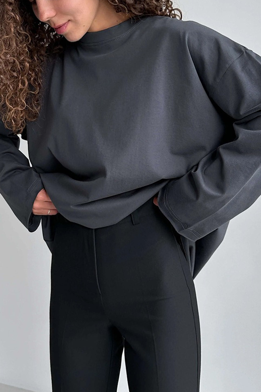 Wholesale Women's Texture Blouse T Shirt Plain Fashion Modern Long Sleeve Crew Neck Regular Tops Daily Black White Brown WL002