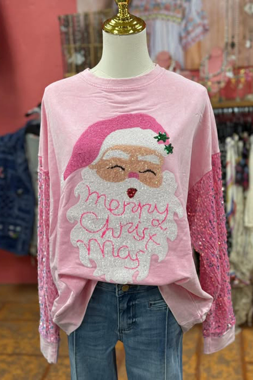 Wholesale Pink Christmas Sequin long sleeve Santa blouse