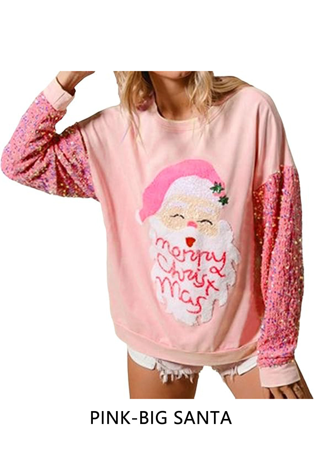 Wholesale Pink Christmas Sequin long sleeve Santa blouse
