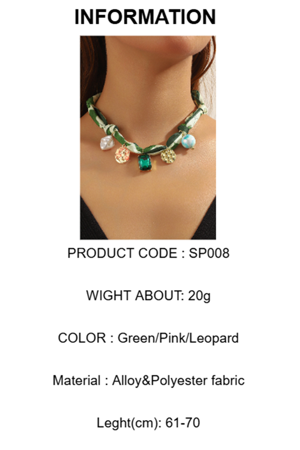 Wholesale green stone leopard pink bow silk scarf necklace SP008