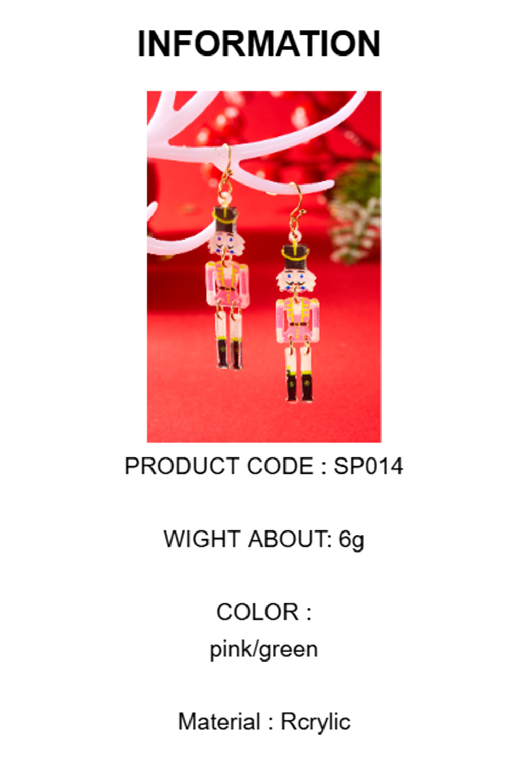 Wholesale Christmas series earrings fashionable and versatile Christmas love elk acrylic earrings  SP014
