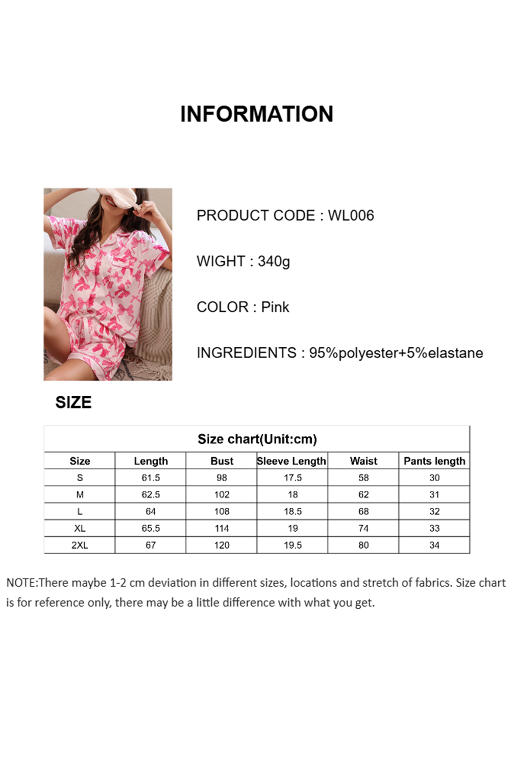 Wholesale Pink Bow Print Half Sleeve Shirt and Shorts PajamasSet WL006