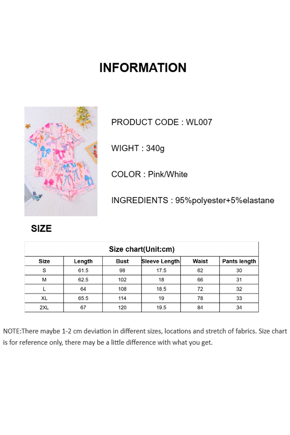 Wholesale Pink White Bow Print Half Sleeve Shirt and Shorts PajamasSet WL007