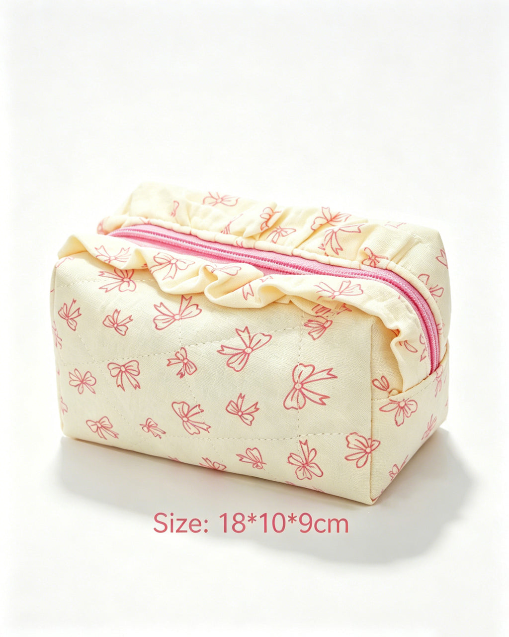Wholesale Cream Bow Quilted Ruffle Makeup Bag Daily Coquette SP061