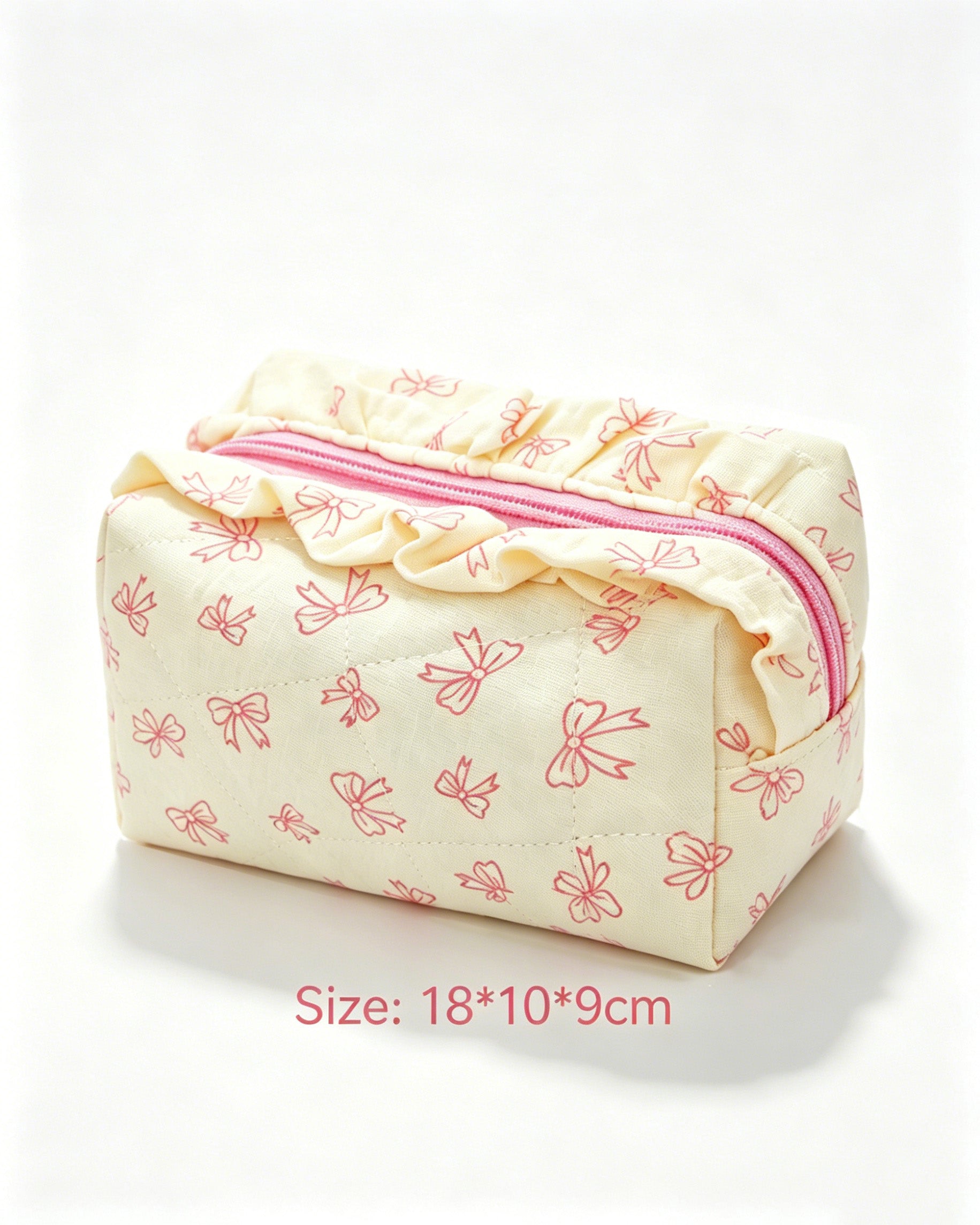 Wholesale Cream Bow Quilted Ruffle Makeup Bag Daily Coquette SP061